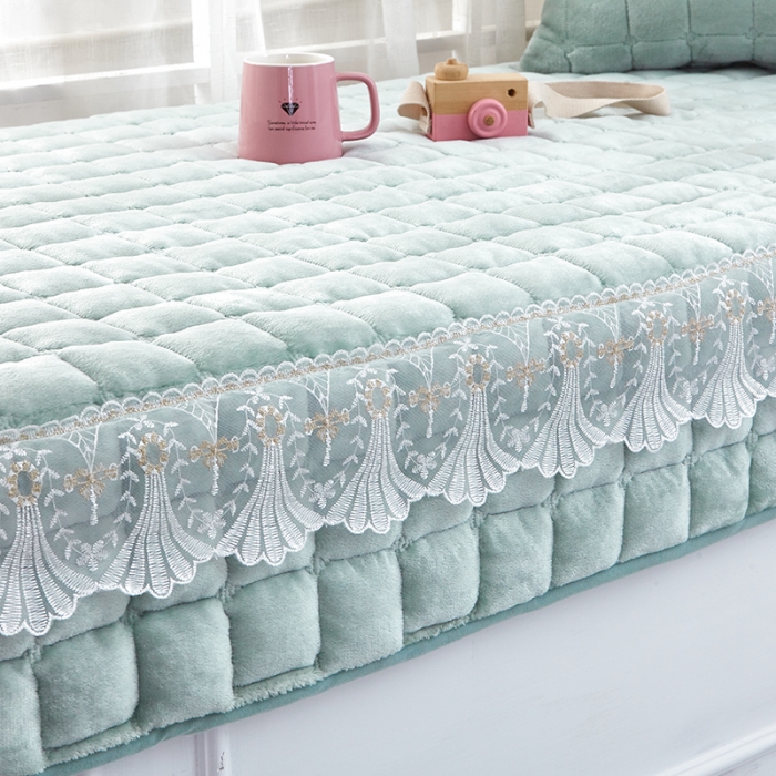 91家纺网 家纺一手货源 找家纺 U品汇 2021新款法莱绒花边飘窗垫 抹茶绿