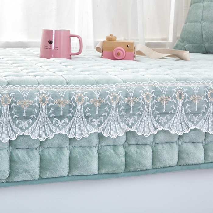 91家纺网 家纺一手货源 找家纺 U品汇 2021新款法莱绒花边飘窗垫 抹茶绿