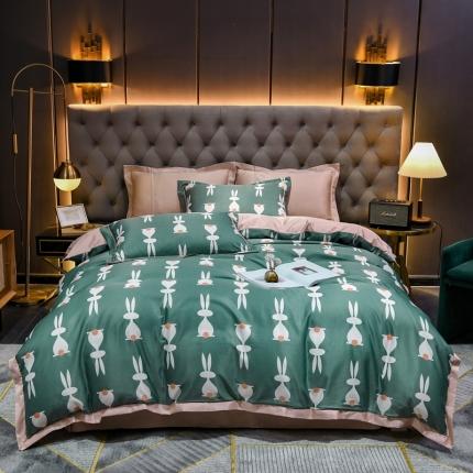 91家纺网 家纺一手货源 找家纺 轻奢风水洗天丝全m小清新韩版四件套水洗真丝套件兔星君-绿