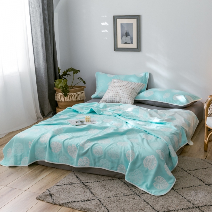 91家纺网 家纺一手货源 找家纺 朴尔  2021新款时尚六层全棉纱布毛巾被芭蕉情缘-蓝