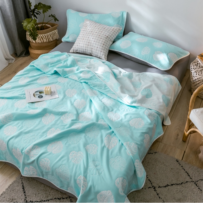 91家纺网 家纺一手货源 找家纺 朴尔  2021新款时尚六层全棉纱布毛巾被芭蕉情缘-蓝