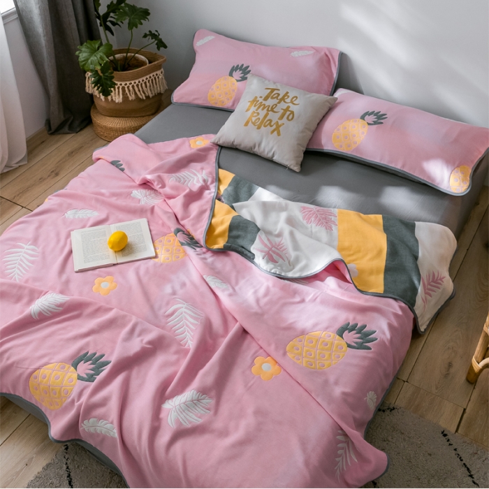 91家纺网 家纺一手货源 找家纺 朴尔  2021新款时尚六层全棉纱布毛巾被菠萝物语-粉