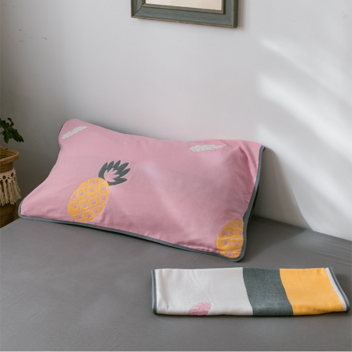 91家纺网 家纺一手货源 找家纺 朴尔  2021新款时尚六层全棉纱布毛巾被菠萝物语-粉