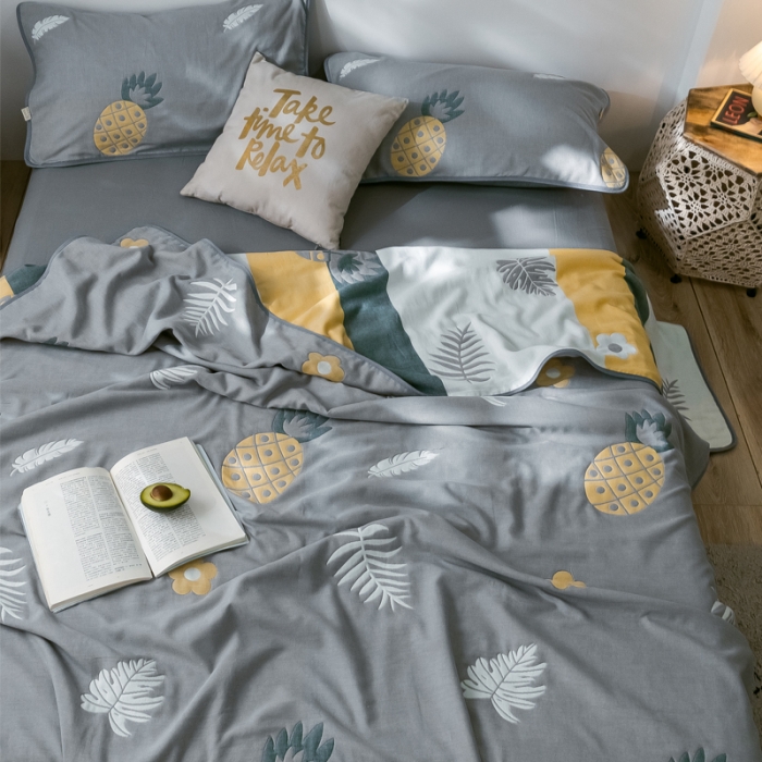 91家纺网 家纺一手货源 找家纺 朴尔  2021新款时尚六层全棉纱布毛巾被菠萝物语-灰