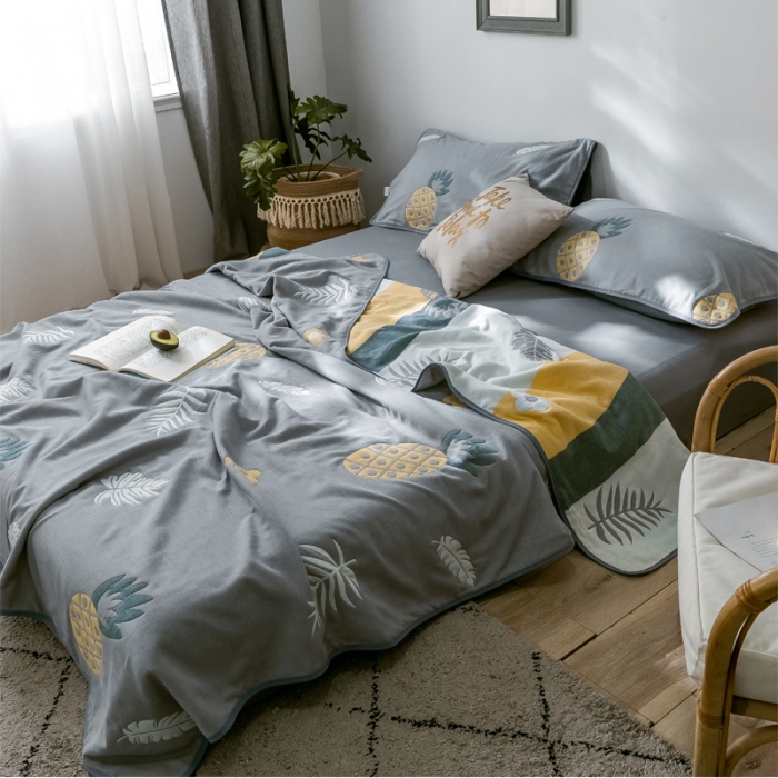 91家纺网 家纺一手货源 找家纺 朴尔  2021新款时尚六层全棉纱布毛巾被菠萝物语-灰