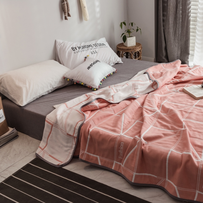 91家纺网 家纺一手货源 找家纺 朴尔  2021新款时尚六层全棉纱布毛巾被简约粉