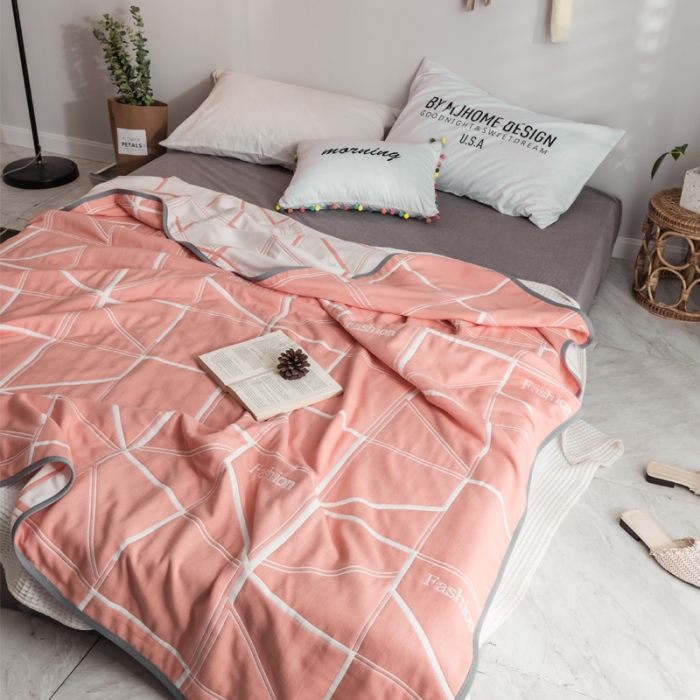 91家纺网 家纺一手货源 找家纺 朴尔  2021新款时尚六层全棉纱布毛巾被简约粉