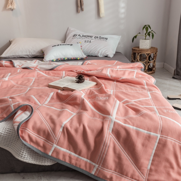 91家纺网 家纺一手货源 找家纺 朴尔  2021新款时尚六层全棉纱布毛巾被简约粉