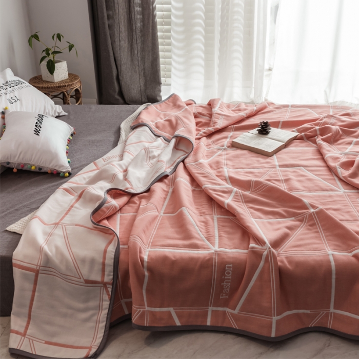 91家纺网 家纺一手货源 找家纺 朴尔  2021新款时尚六层全棉纱布毛巾被简约粉