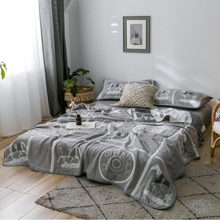 91家纺网 家纺一手货源 找家纺 朴尔  2021新款时尚六层全棉纱布毛巾被劳伦-灰