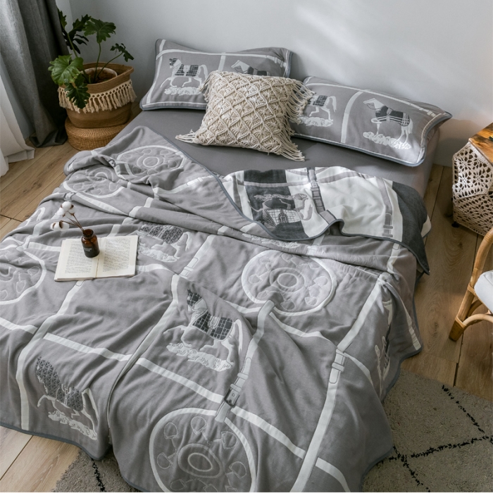 91家纺网 家纺一手货源 找家纺 朴尔  2021新款时尚六层全棉纱布毛巾被劳伦-灰