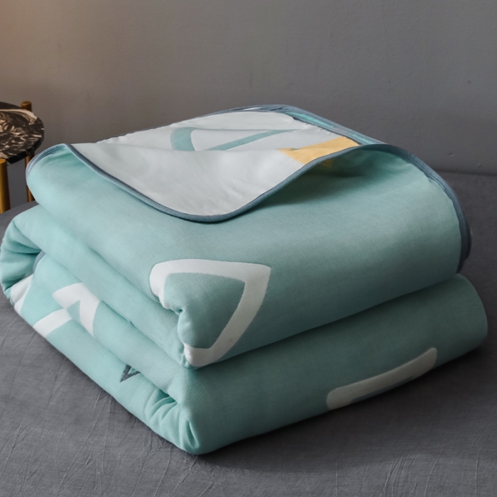 91家纺网 家纺一手货源 找家纺 朴尔  2021新款时尚六层全棉纱布毛巾被时尚几何-绿