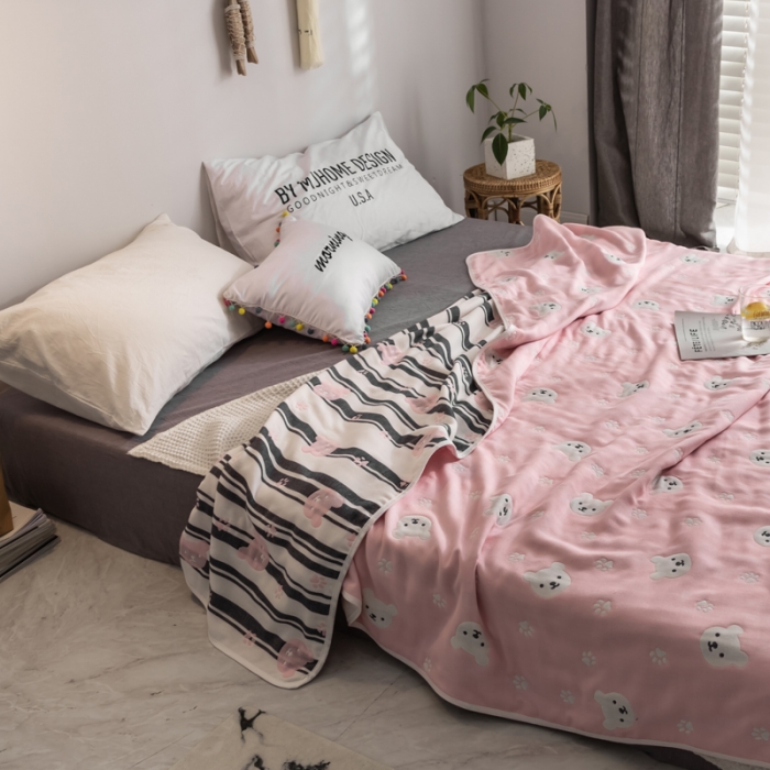 91家纺网 家纺一手货源 找家纺 朴尔  2021新款时尚六层全棉纱布毛巾被甜蜜小熊-粉