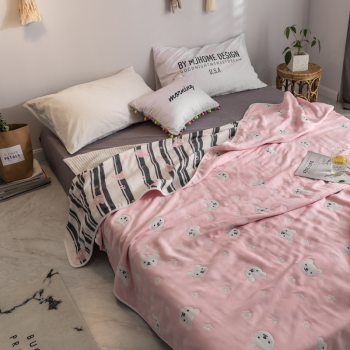 91家纺网 家纺一手货源 找家纺 朴尔  2021新款时尚六层全棉纱布毛巾被甜蜜小熊-粉