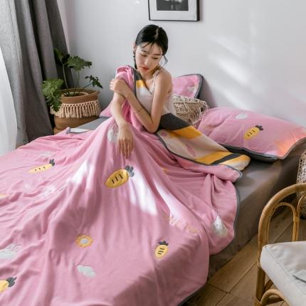 朴尔  2021新款时尚六层全棉纱布毛巾被兔与胡萝卜-粉