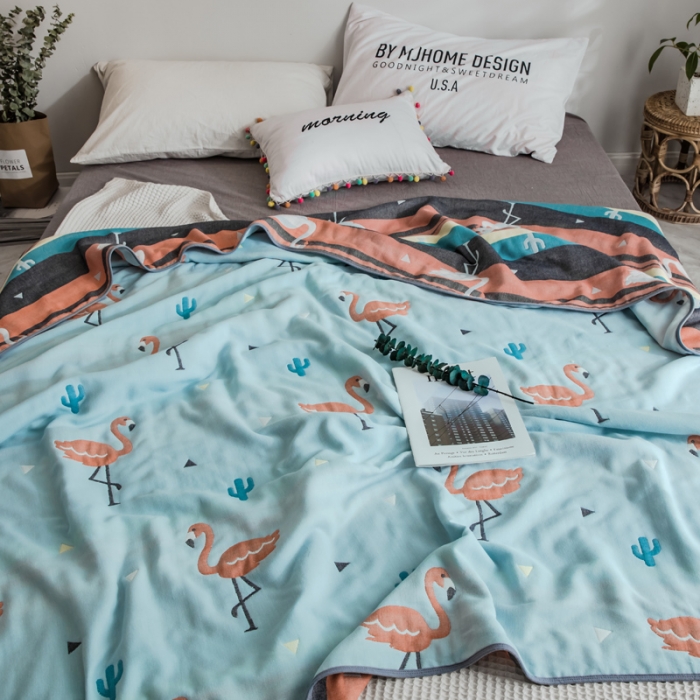 91家纺网 家纺一手货源 找家纺 朴尔  2021新款时尚六层全棉纱布毛巾被幸福鸟兰