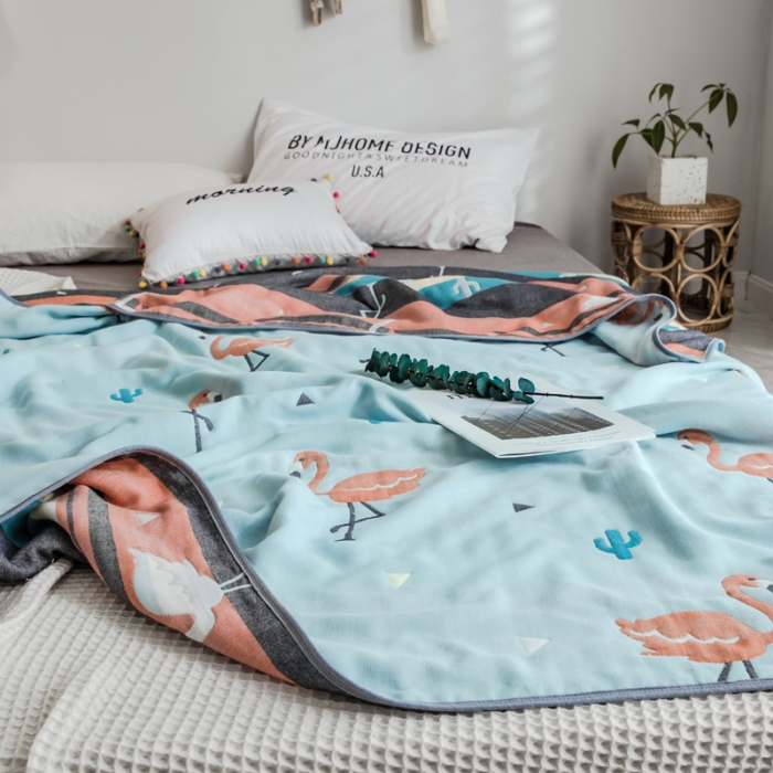 91家纺网 家纺一手货源 找家纺 朴尔  2021新款时尚六层全棉纱布毛巾被幸福鸟兰