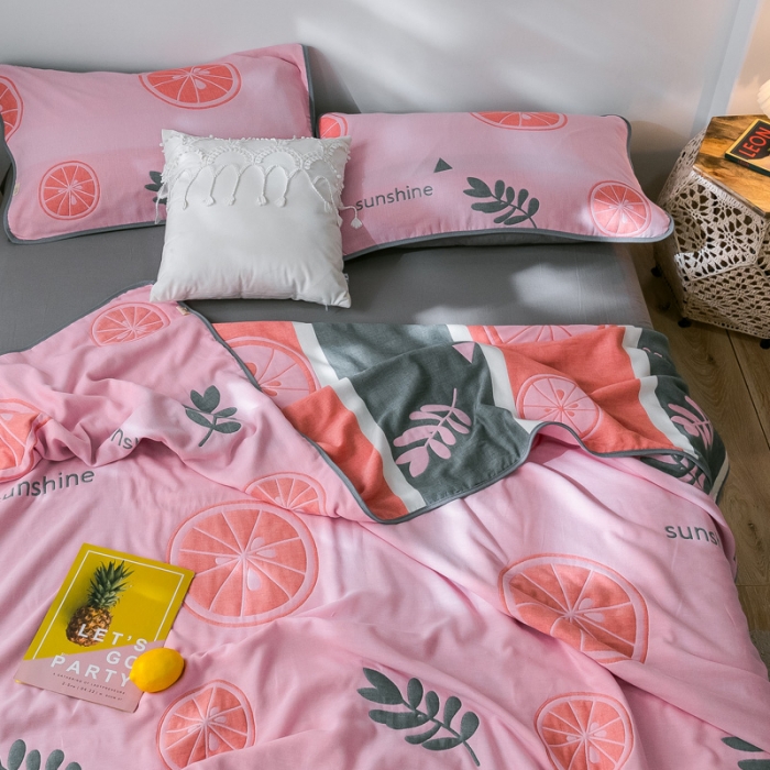 91家纺网 家纺一手货源 找家纺 朴尔  2021新款时尚六层全棉纱布毛巾被阳光甜橙-粉