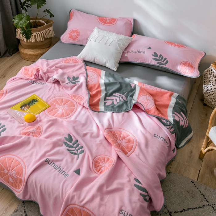 91家纺网 家纺一手货源 找家纺 朴尔  2021新款时尚六层全棉纱布毛巾被阳光甜橙-粉