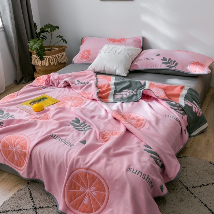 91家纺网 家纺一手货源 找家纺 朴尔  2021新款时尚六层全棉纱布毛巾被阳光甜橙-粉