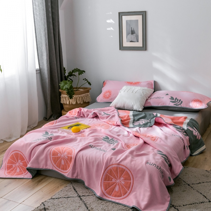 91家纺网 家纺一手货源 找家纺 朴尔  2021新款时尚六层全棉纱布毛巾被阳光甜橙-粉