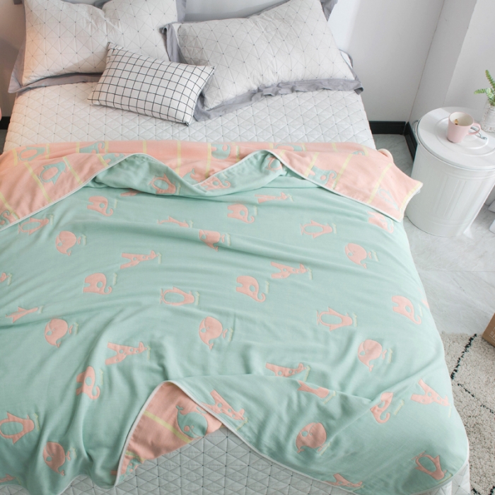 91家纺网 家纺一手货源 找家纺 朴尔 2021新款经典六层纱布全棉毛巾被系列 绿色动物园