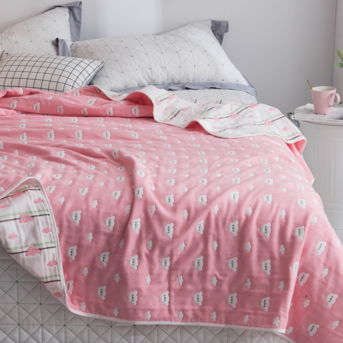 91家纺网 家纺一手货源 找家纺 朴尔 2021新款经典六层纱布全棉毛巾被系列 日式彩云-粉