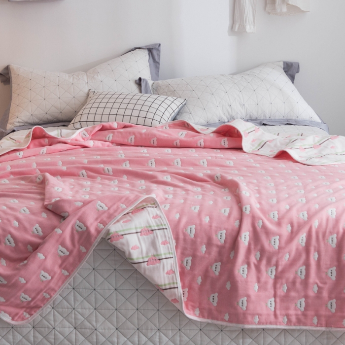 91家纺网 家纺一手货源 找家纺 朴尔 2021新款经典六层纱布全棉毛巾被系列 日式彩云-粉