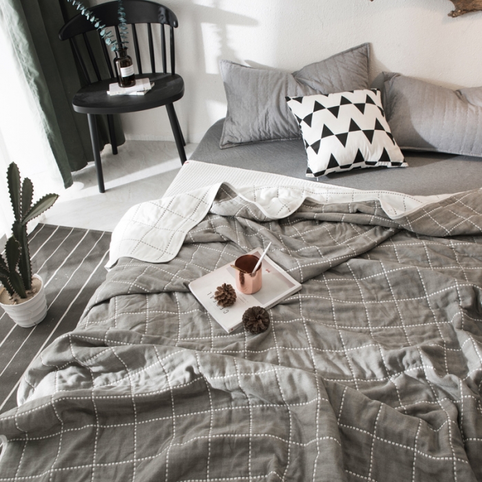 91家纺网 家纺一手货源 找家纺 朴尔 2021新款经典六层纱布全棉毛巾被系列 时尚虚线-灰色