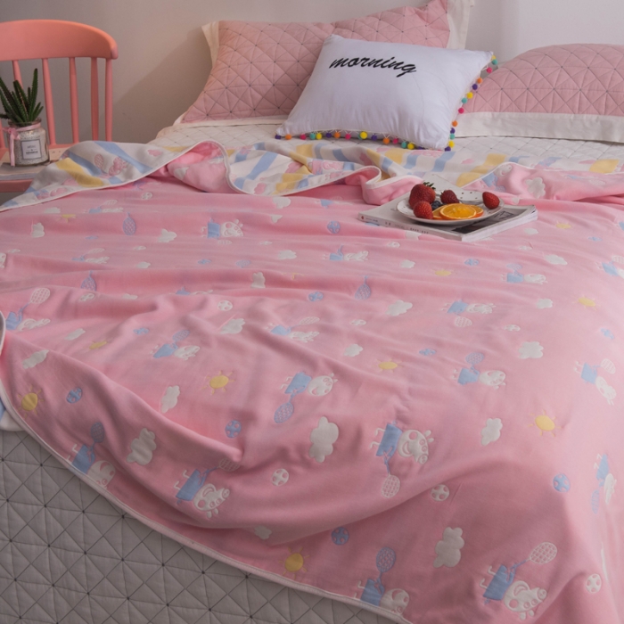 91家纺网 家纺一手货源 找家纺 朴尔 2021新款经典六层纱布全棉毛巾被系列 小猪琪琪-粉