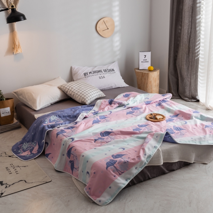 91家纺网 家纺一手货源 找家纺 朴尔 2021新款经典六层纱布全棉毛巾被系列 呦呦鸟蓝