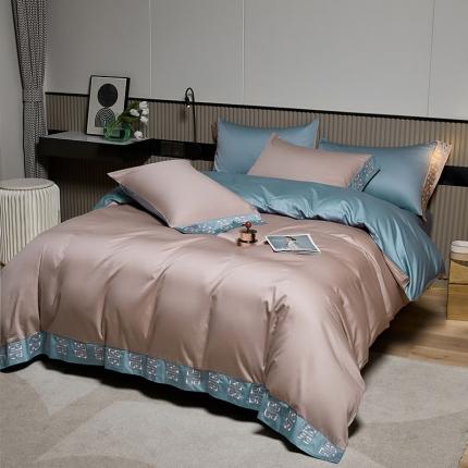 91家纺网 家纺一手货源 找家纺 爱缦2021宫系列100S长绒棉澳棉刺绣四件套萸灰粉-闷青色