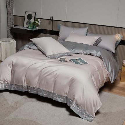 91家纺网 家纺一手货源 找家纺 爱缦2021宫系列100S长绒棉澳棉刺绣四件套雅灰粉-时尚灰