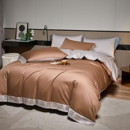 爱缦2021宫系列100S长绒棉澳棉刺绣四件套巧克力色天空灰
