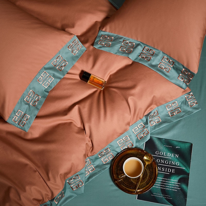 91家纺网 家纺一手货源 找家纺 爱缦2021宫系列100S长绒棉澳棉刺绣四件套浆果色-云衫绿