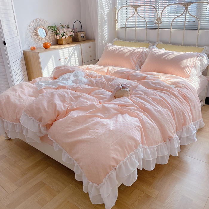 91家纺网 家纺一手货源 找家纺 玛奇朵 2021新款雪纺纱全棉色织提花四件套 华夫格-粉