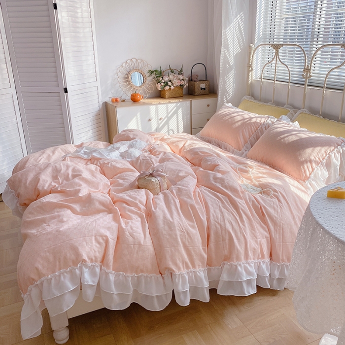 91家纺网 家纺一手货源 找家纺 玛奇朵 2021新款雪纺纱全棉色织提花四件套 华夫格-粉