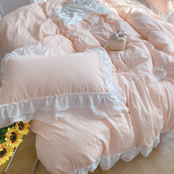 91家纺网 家纺一手货源 找家纺 玛奇朵 2021新款雪纺纱全棉色织提花四件套 华夫格-粉