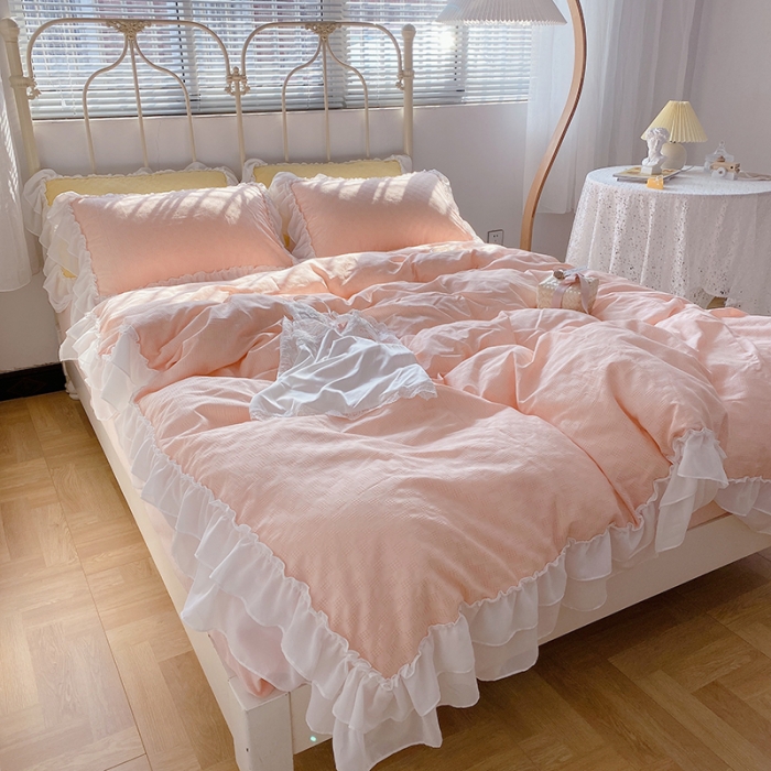 91家纺网 家纺一手货源 找家纺 玛奇朵 2021新款雪纺纱全棉色织提花四件套 华夫格-粉