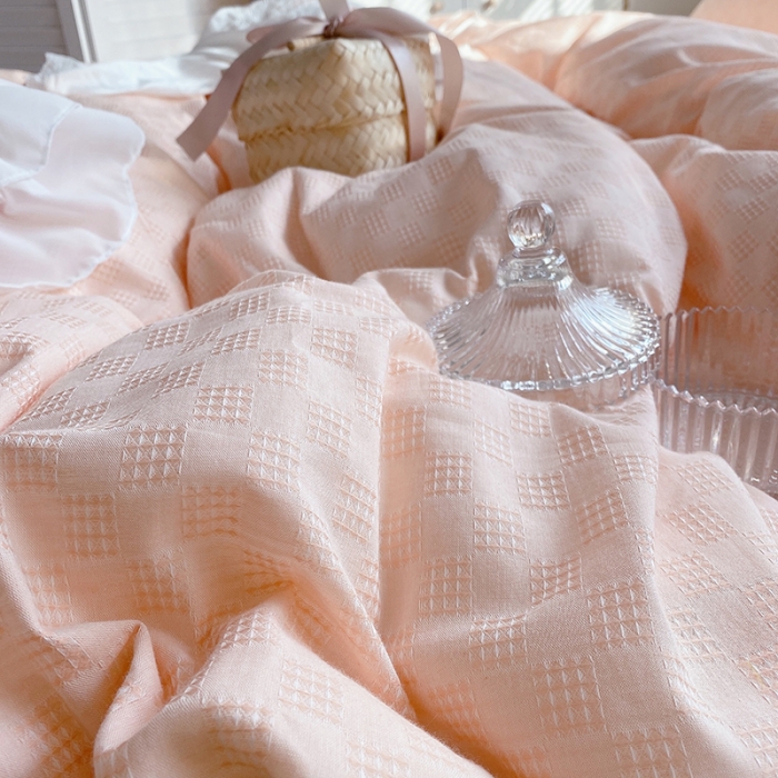 91家纺网 家纺一手货源 找家纺 玛奇朵 2021新款雪纺纱全棉色织提花四件套 华夫格-粉