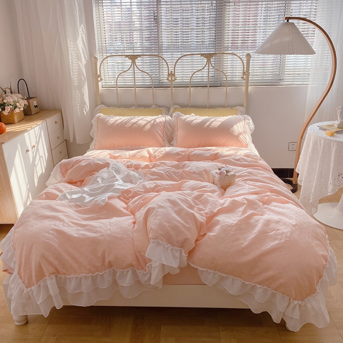 91家纺网 家纺一手货源 找家纺 玛奇朵 2021新款雪纺纱全棉色织提花四件套 华夫格-粉