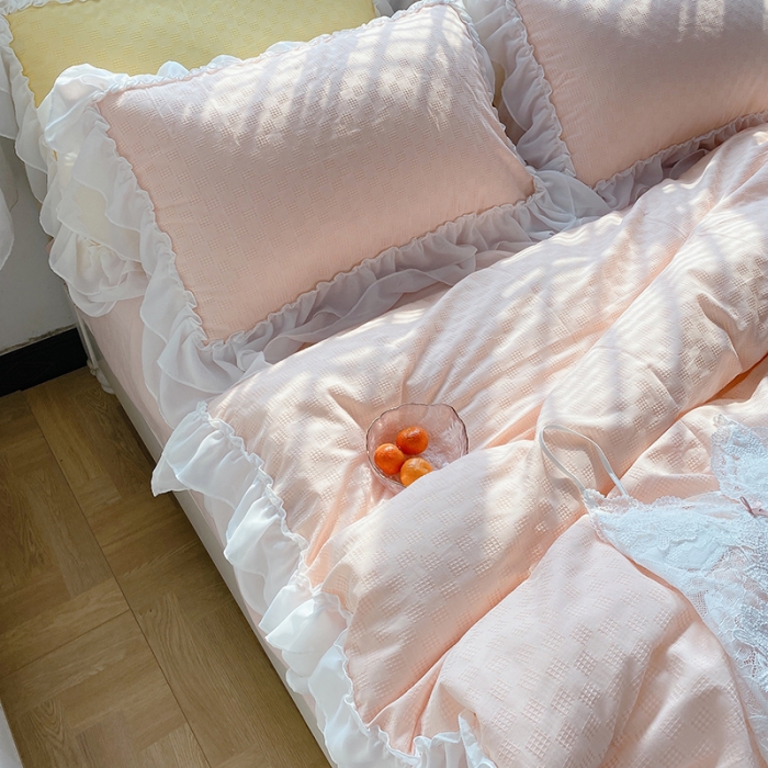 91家纺网 家纺一手货源 找家纺 玛奇朵 2021新款雪纺纱全棉色织提花四件套 华夫格-粉