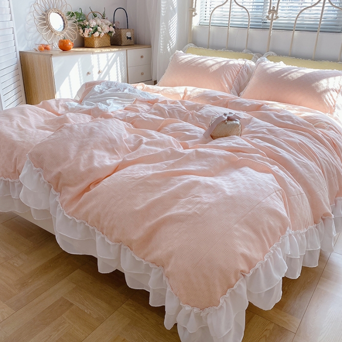 91家纺网 家纺一手货源 找家纺 玛奇朵 2021新款雪纺纱全棉色织提花四件套 华夫格-粉