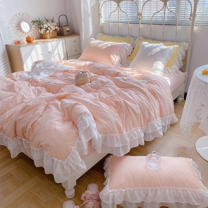 91家纺网 家纺一手货源 找家纺 玛奇朵 2021新款雪纺纱全棉色织提花四件套 华夫格-粉