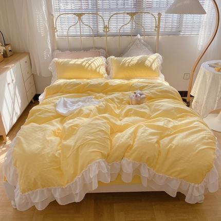 玛奇朵 2021新款雪纺纱全棉色织提花四件套 华夫格-黄