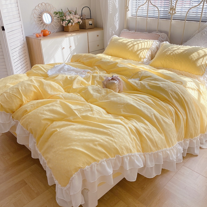 91家纺网 家纺一手货源 找家纺 玛奇朵 2021新款雪纺纱全棉色织提花四件套 华夫格-黄