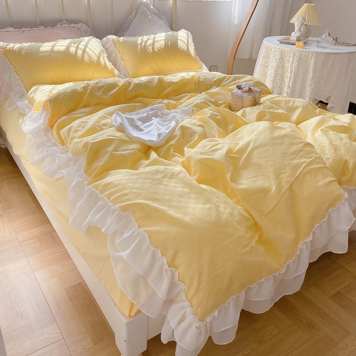 91家纺网 家纺一手货源 找家纺 玛奇朵 2021新款雪纺纱全棉色织提花四件套 华夫格-黄