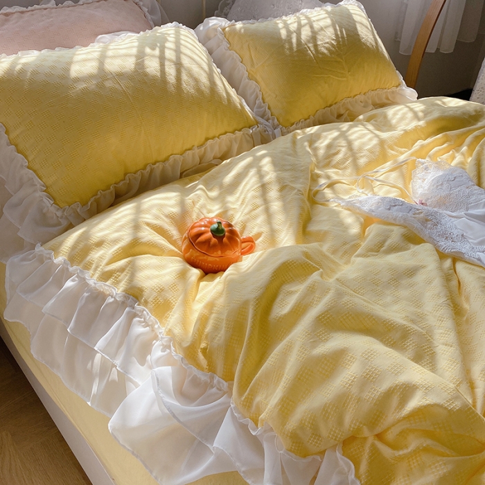 91家纺网 家纺一手货源 找家纺 玛奇朵 2021新款雪纺纱全棉色织提花四件套 华夫格-黄