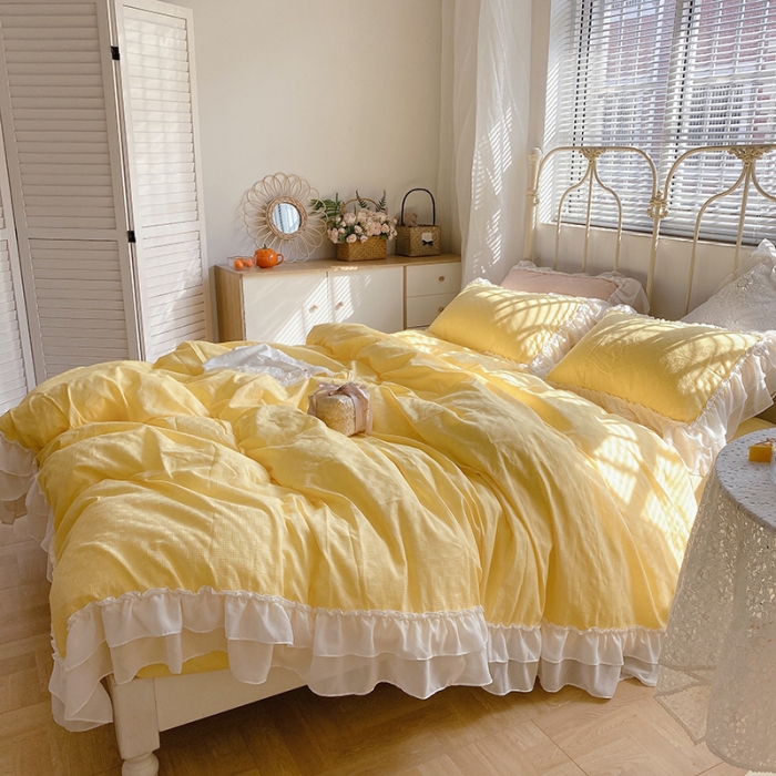 91家纺网 家纺一手货源 找家纺 玛奇朵 2021新款雪纺纱全棉色织提花四件套 华夫格-黄