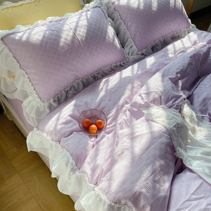 91家纺网 家纺一手货源 找家纺 玛奇朵 2021新款雪纺纱全棉色织提花四件套 华夫格-紫